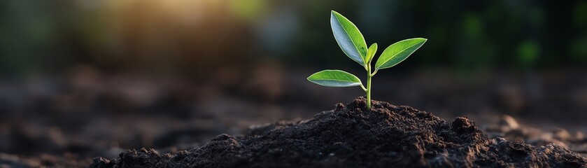 Young green plant sprout growing in soil, symbolizing new beginnings, growth, and nature's resilience with a blurred background.