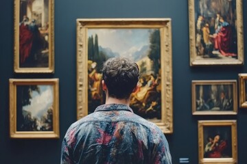 Adult person viewing classic paintings in a museum, taking in the rich history and artistry of the exhibit