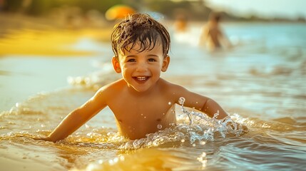 Smiling Child Playing in Beach Water on a Sunny Day, Captured