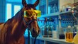 © chutikan - Funny picture of a horse wearing yellow glasses in a science lab.