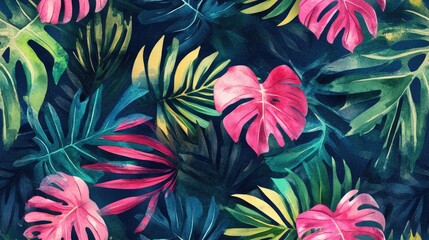 Seamless digital watercolor background featuring tropical foliage Repeating textile pattern