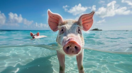 A pig is in the water with its head sticking out