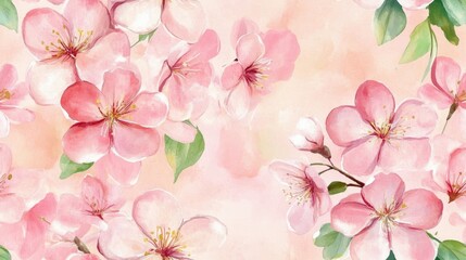 Cherry blossom painting Seamless pattern Greenery elements leaves Watercolor floral design Aquarelle for fabric print background art paper