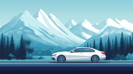 a white car is driving down a road in front of a mountain range. the scene is serene and peaceful, w