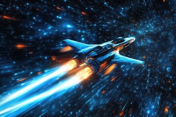 Wall Mural - a blue and orange space ship is flying through the stars. the bright colors and the motion of the sh