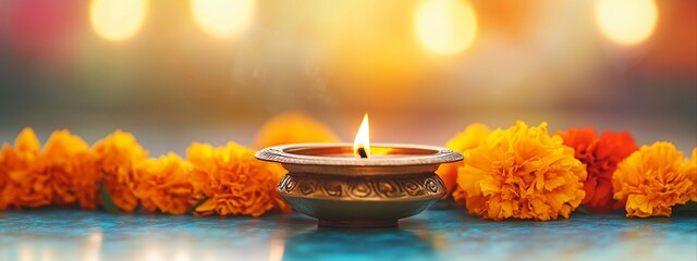 Wall Mural - Traditional oil lamp with  incense and marigold flowers. Cultural celebration and ritual concept. Image for religious event poster and holiday banner. With copy space.