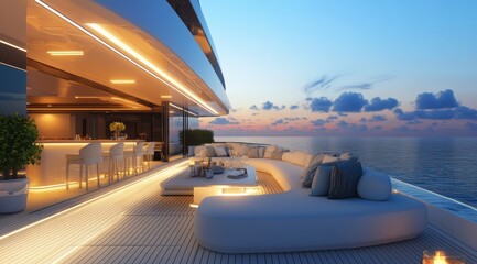 A yacht with a large white couch and a bar. The bar is lit up and the couch is surrounded by pillows. The ocean is visible in the background