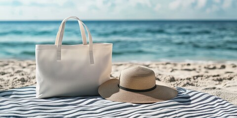 A white beach bag and a straw hat are laying on a beach towel. The scene is peaceful and relaxing, with the ocean in the background