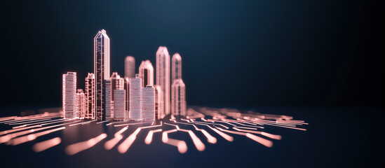 Aufkleber - A futuristic city skyline with glowing circuit patterns evokes innovation and technology