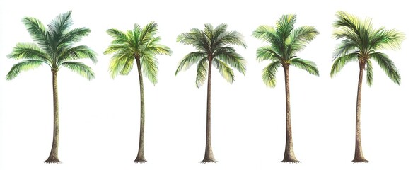 A row of palm trees are shown in different stages of growth. The trees are all green and have leaves, but some are taller than others. Concept of growth and development