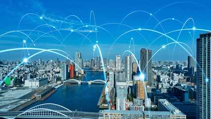 Poster - Mixed media of modern city aerial view and communication network concept.