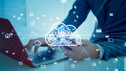 Poster - Mixed media of businessman using smartphone and laptop and cloud computing concept.