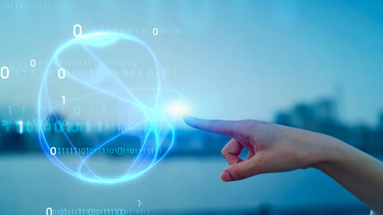 Aufkleber - Mixed media of woman touching a sphere and digital technology concept.