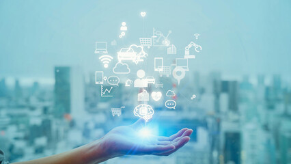 Poster - Mixed media of woman holding her hand and communication network concept.