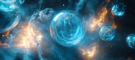 Poster - A digital universe with floating data spheres and virtual reality zones 