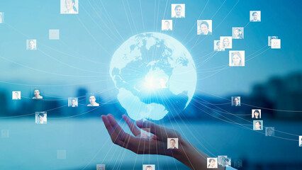 Aufkleber - Mixed media of woman holding her hand and global communication network concept.