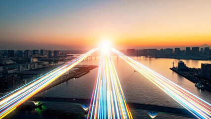 Aufkleber - Mixed media of modern city aerial view and path of light leading to the future concept.