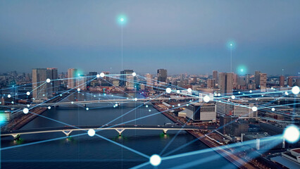 Aufkleber - Mixed media of modern city aerial view and communication network concept.