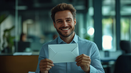 Successful businessman receiving envelope with salary raise or bonus, expressing joy and satisfaction. Corporate reward, financial incentive, and career advancement concept