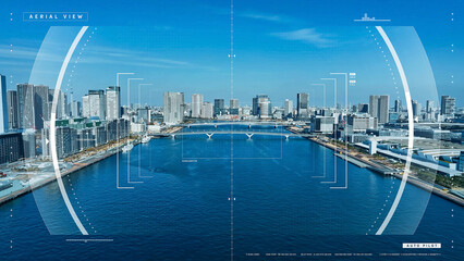 Aufkleber - Mixed media of modern city drone point of view concept.
