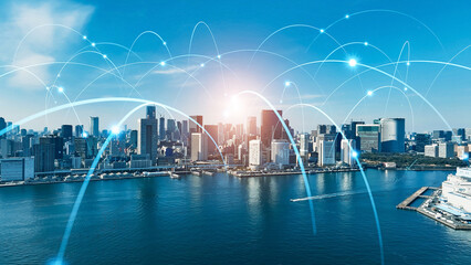 Poster - Mixed media of modern city aerial view and digital technology concept.