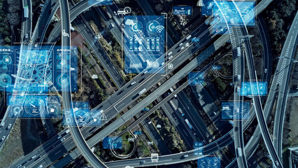 Fototapete - Mixed media of modern highway junction and transportation technology concept