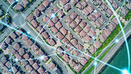 Aufkleber - Mixed media of modern residential area aerial view and communication network concept