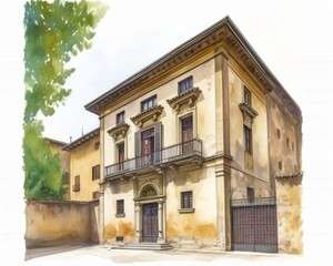 Wall Mural - Old buildings on street of Italian town. Isolated watercolor illustration on white background. 