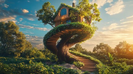 Wall Mural - A spiraling abstract house design wrapped around the base of a 3D tree, set in a nature-filled setting with vibrant greenery and bright skies