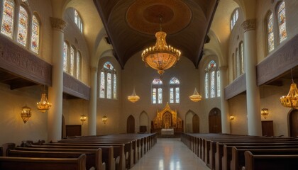 a serene and empty church interior featuring beautiful chandeliers and stained glass windows. the al