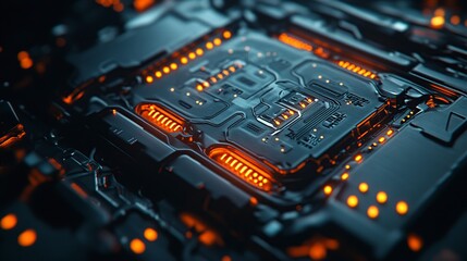 Wall Mural - A close-up view of a futuristic circuit board with glowing orange lights, showcasing advanced technology.