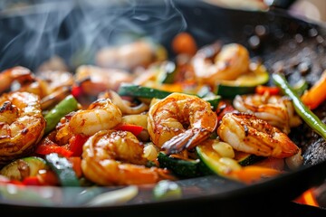 Wok with Grilled Vegetables, Tiger Shrimps or Prawns and Squid Rings Close Up, Fried Seafood