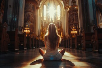 Young woman praying and meditating in church, sitting, prayer person. God is one for all