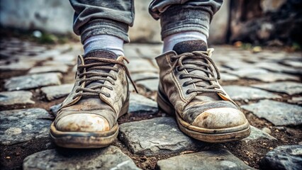 A close-up shot of a person's feet in a pair of worn-out sneakers, with dirty socks and cracked