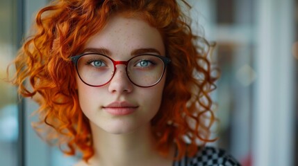 A woman with red hair and glasses is smiling