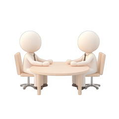 Two 3D characters engage in a business meeting around a table, symbolizing collaboration and communication in the workplace. transparent background