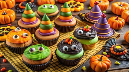 A colorful assortment of spooky sweet treats, including witches' hat cookies, monster eyes cupcakes, and candy corn,