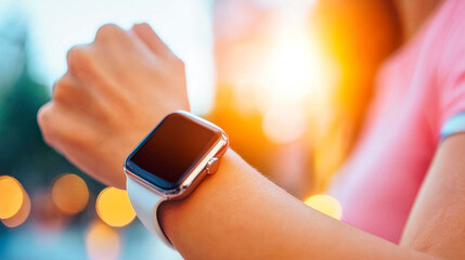 Sunset Run: Tracking Fitness Goals - A woman's wrist adorned with a smartwatch, capturing the essence of an evening jog with a warm, urban sunset as the backdrop. 