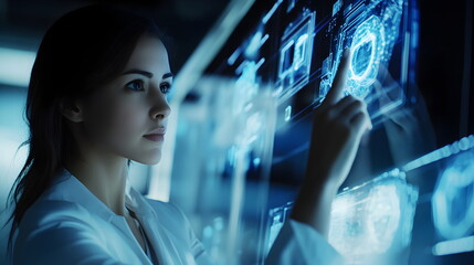 a businesswoman in a sleek office setting, discussing health services with a doctor via a digital screen, modern medical technology integrated with business tools, soft natural lighting 