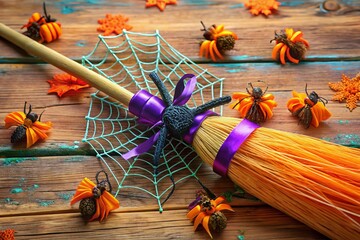 Wall Mural - A colorful witch's broom adorned with artificial spider webs, plastic spiders, and orange ribbons, perfect for a spooky