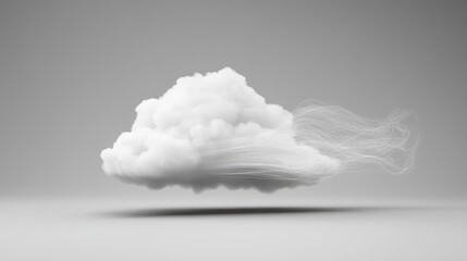 Wall Mural - Simple white cloud with abstract smoke trails on a plain, light gray background, showcasing minimalism