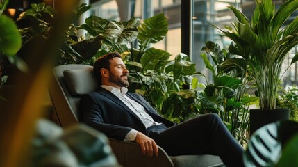 Wall Mural - Man Relaxing in a Chair Surrounded by Plants