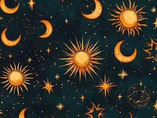 Wall Mural - Celestial pattern with suns moons and stars on a dark background