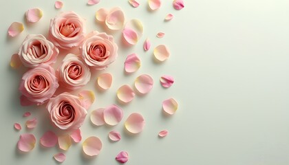 Wall Mural - Serene floral composition of soft pastel roses and scattered petals on a light background