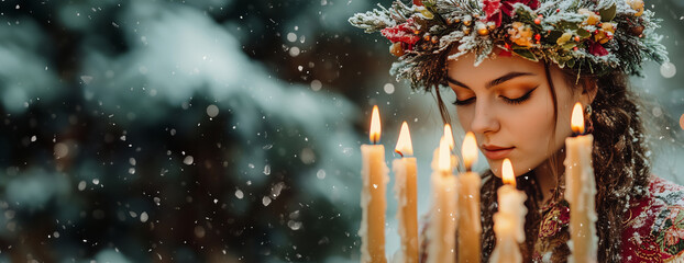 Woman with floral crown surrounded by glowing candles. Dark fantasy portrait. Pagan New Year celebration concept. Image for event poster and holiday greeting card.