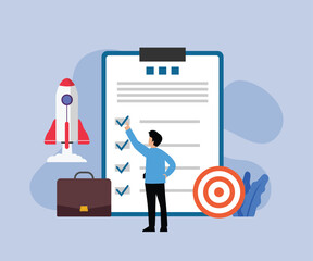 Successful completion of business tasks. Complete task accomplishment, project done checklist. Successful achievement. Business target 2d flat vector illustrations