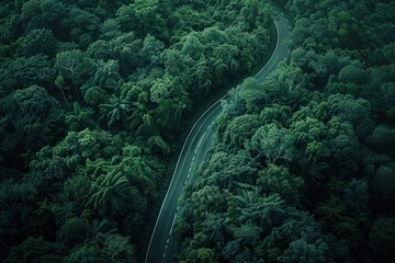 Winding road through lush green tropical forest in an aerial view during early morning light