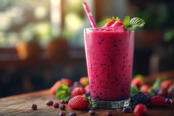 A vibrant berry smoothie in glass, topped with fresh mint and pink straw, exudes freshness and vitality. colorful blend of berries creates an inviting and refreshing drink experience