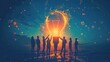 © Waraporn - Silhouetted business team collaborating and celebrating a breakthrough innovative idea represented by a glowing light bulb symbolizing potential for growth and development