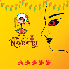 Wall Mural - Happy Navratri festival celebration poster or banner design, illustration of Goddess Durga Maa, woman dancing with dandiya stick and drummer